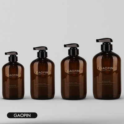 10.14oz 13.52oz ขวดแชมพูพลาสติกกลมแบนสีน้ำตาลเป็นมิตรกับสิ่งแวดล้อม